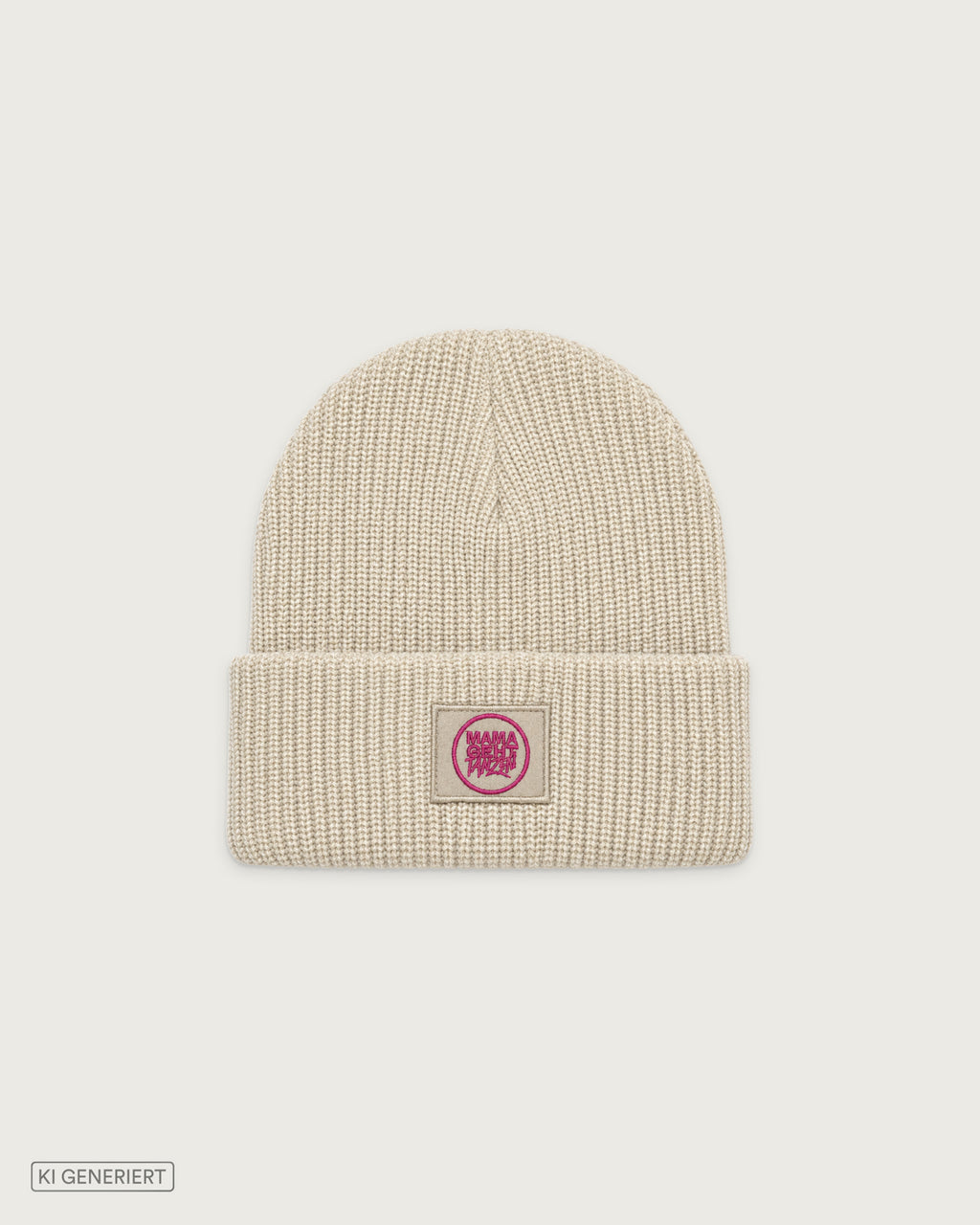 Cremefarbene Strickmütze mit Umschlag und MAMAGEHTTANZEN Logo-Patch in Pink auf der Vorderseite