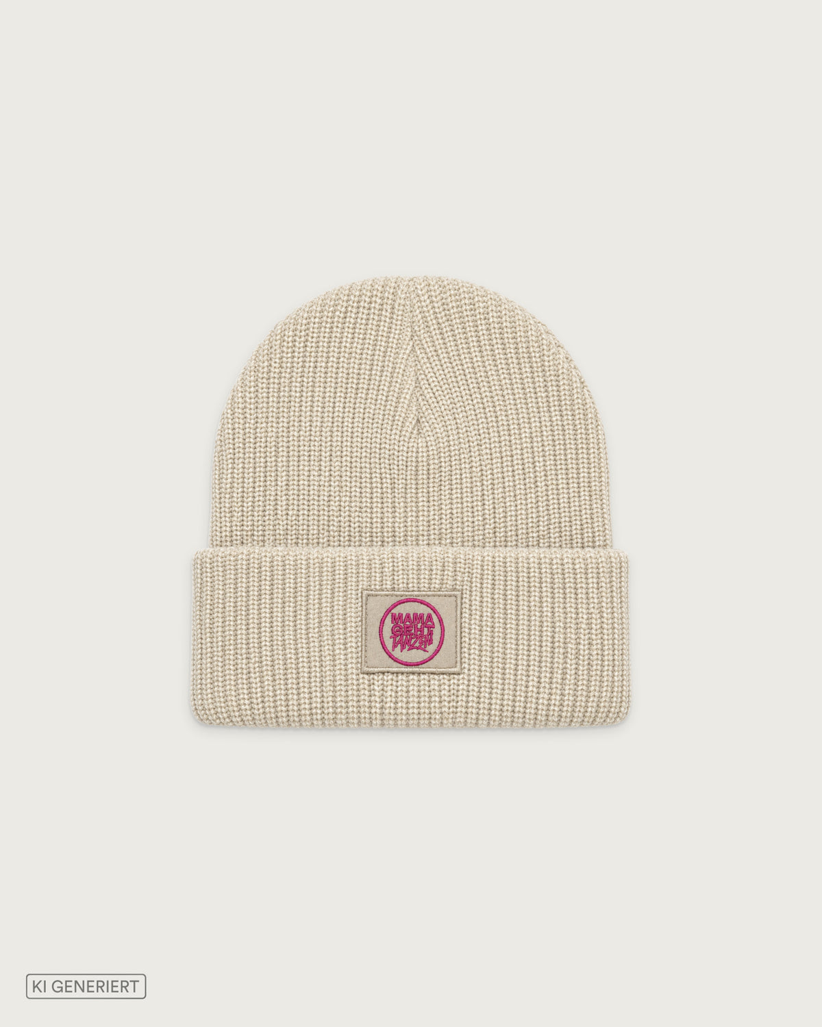 Cremefarbene Strickmütze mit Umschlag und MAMAGEHTTANZEN Logo-Patch in Pink auf der Vorderseite