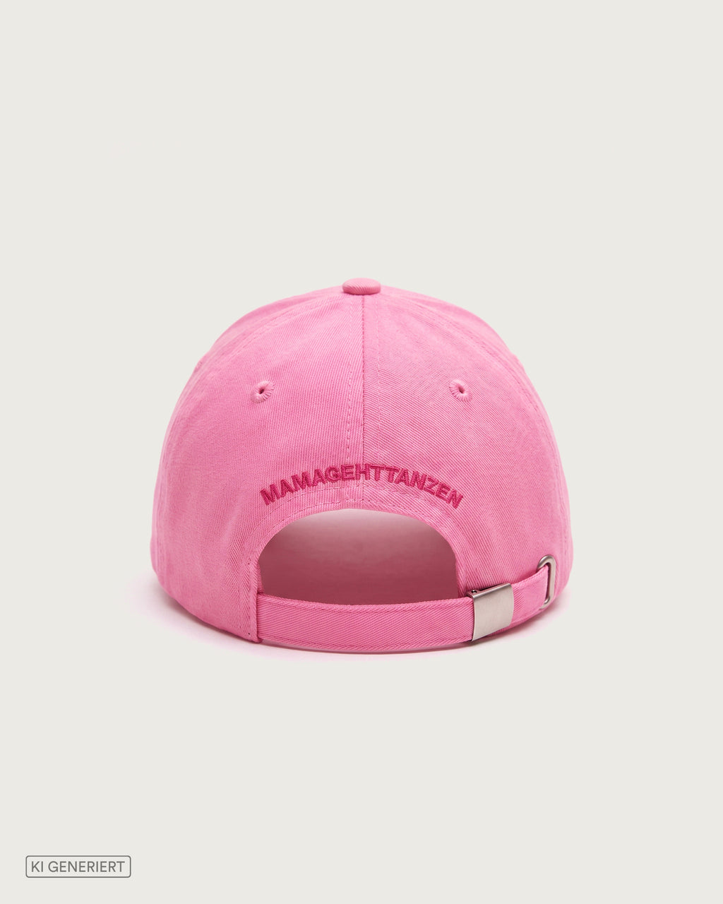 Rückansicht der rosafarbenen Baseballkappe mit dem bogenförmig gestickten Schriftzug „MAMAGEHTTANZEN“ über der Öffnung und einem verstellbaren Riemen mit silberner Metallschnalle.