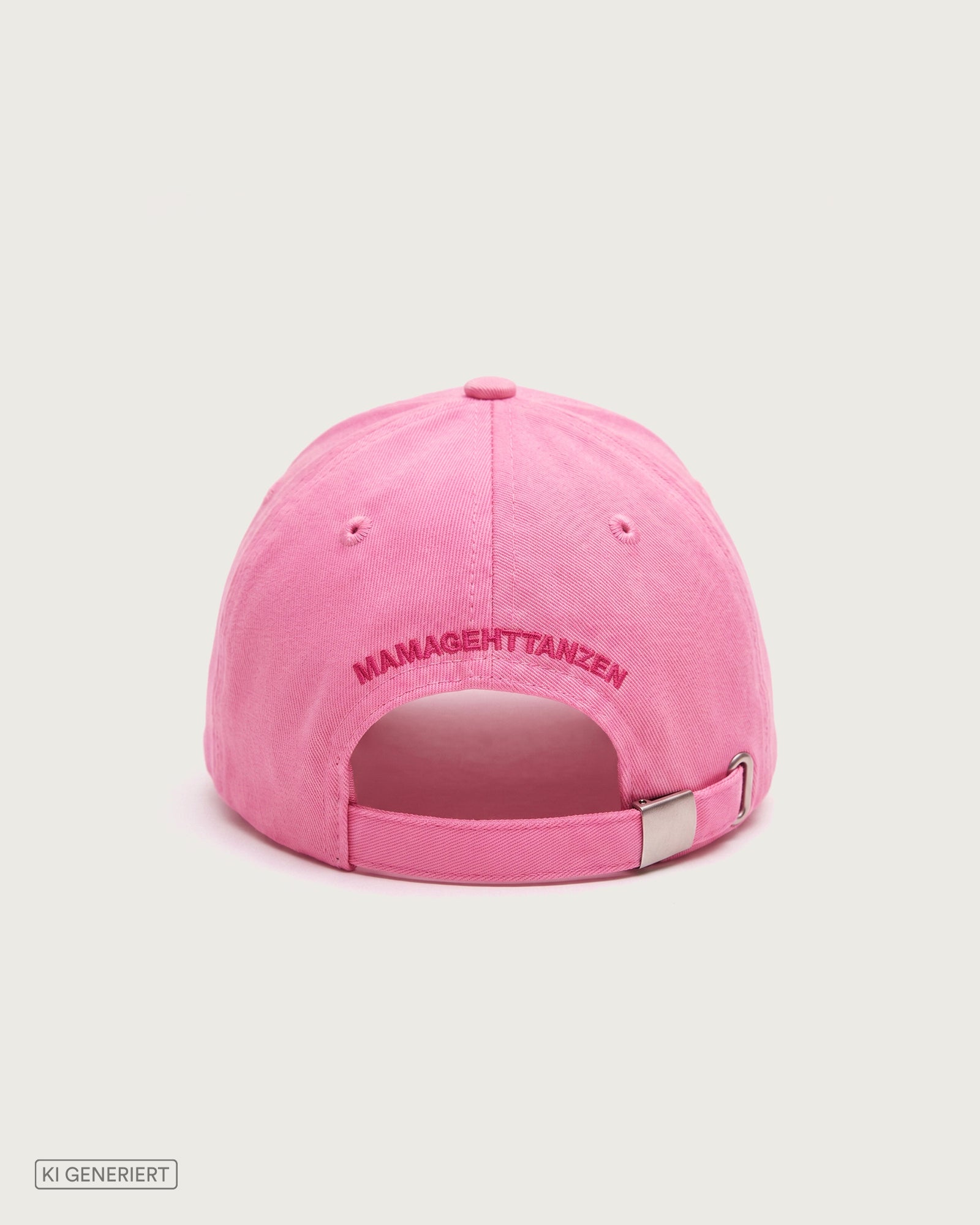 Rückansicht der rosafarbenen Baseballkappe mit dem bogenförmig gestickten Schriftzug „MAMAGEHTTANZEN“ über der Öffnung und einem verstellbaren Riemen mit silberner Metallschnalle.