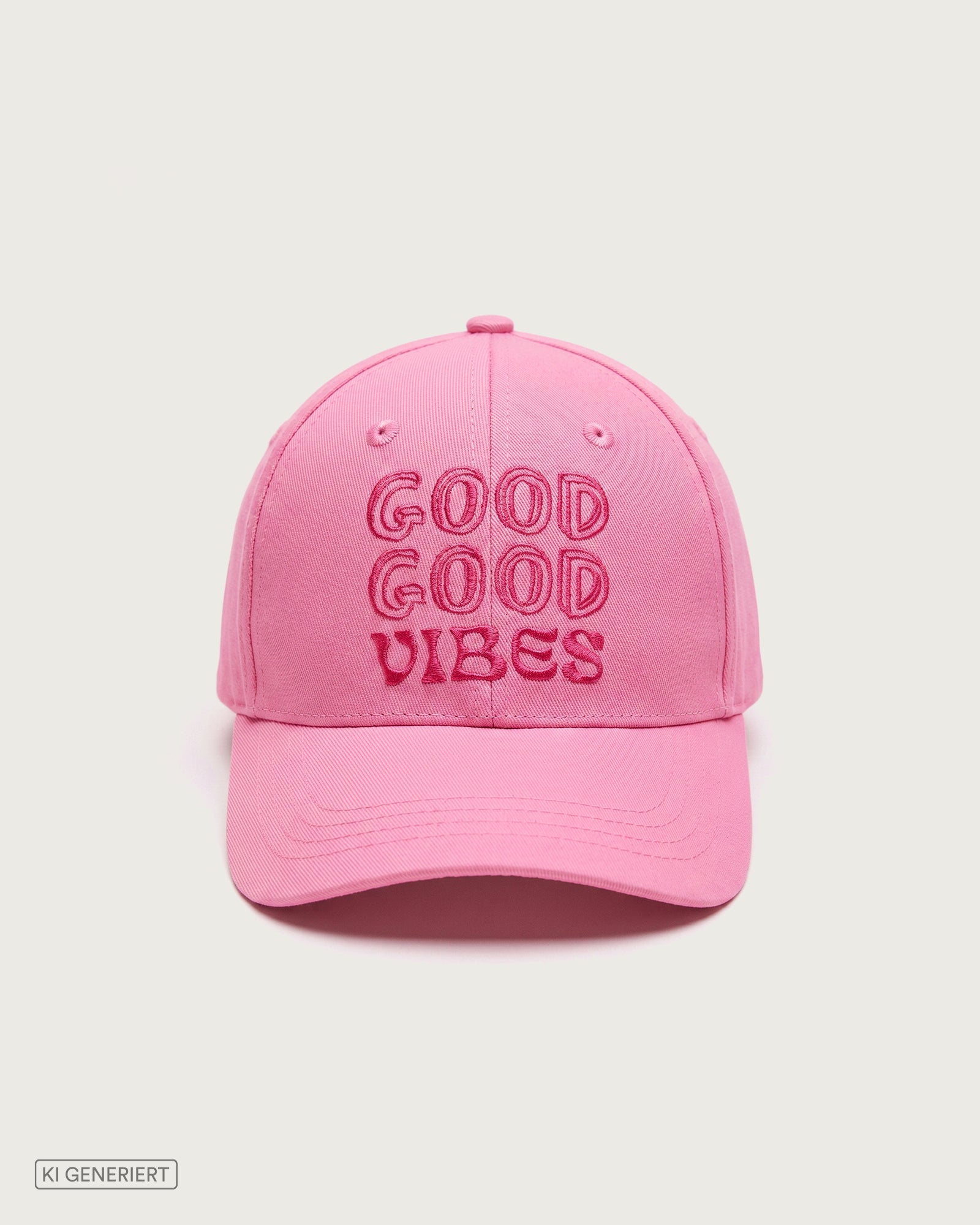 Rosafarbene Baseballkappe aus Baumwolle mit dreizeiligem, gesticktem Schriftzug „GOOD GOOD VIBES“ in dunklerem Pink auf der Vorderseite.