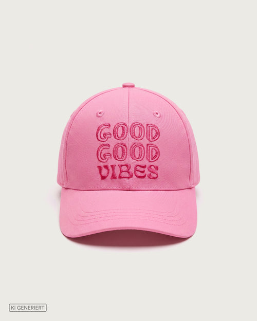 Rosafarbene Baseballkappe aus Baumwolle mit dreizeiligem, gesticktem Schriftzug „GOOD GOOD VIBES“ in dunklerem Pink auf der Vorderseite.
