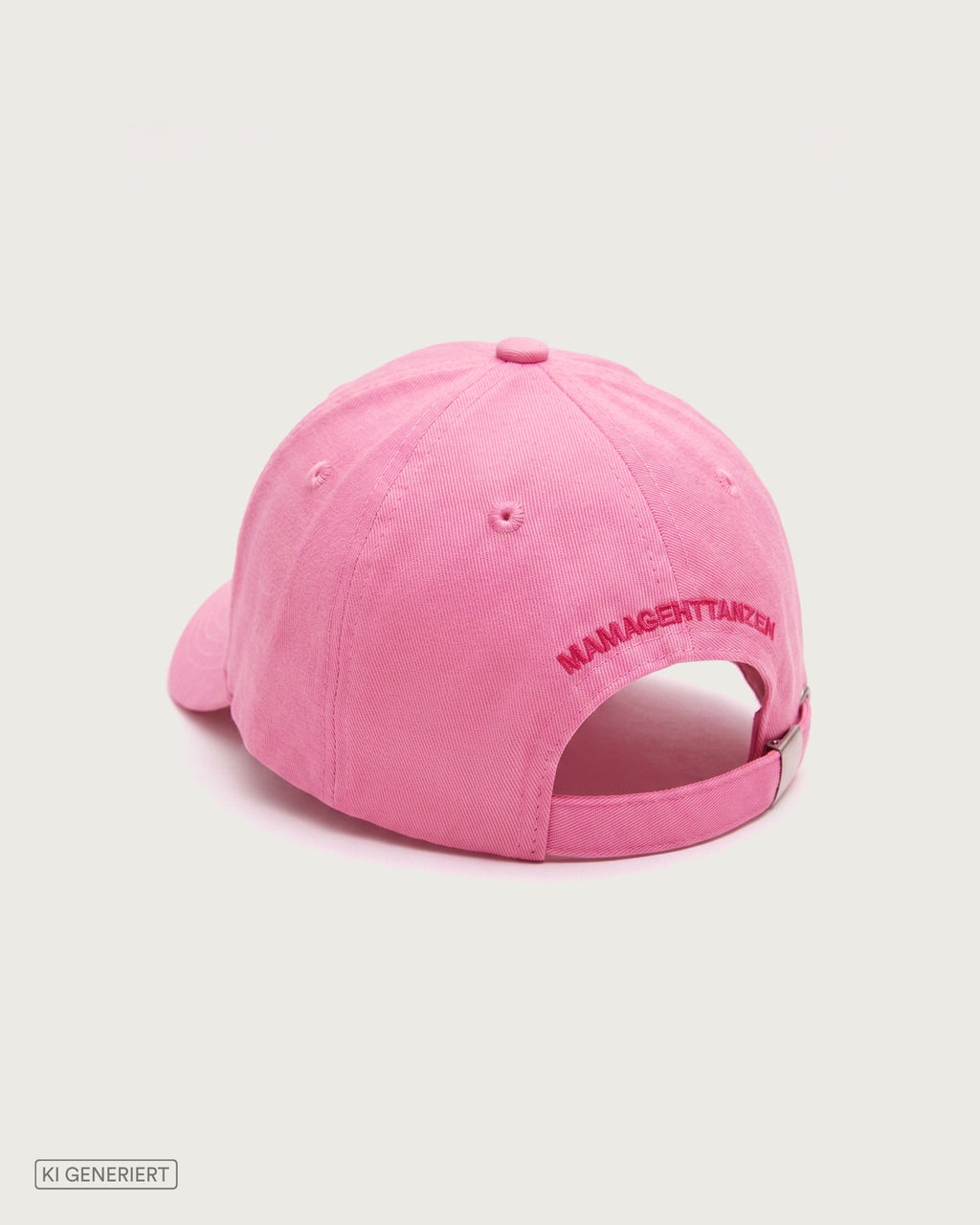 Schräge Rückansicht der rosafarbenen Baseballkappe mit dem bogenförmigen Stick „MAMAGEHTTANZEN“ und dem größenverstellbaren Riemen inklusive Metallschnalle.