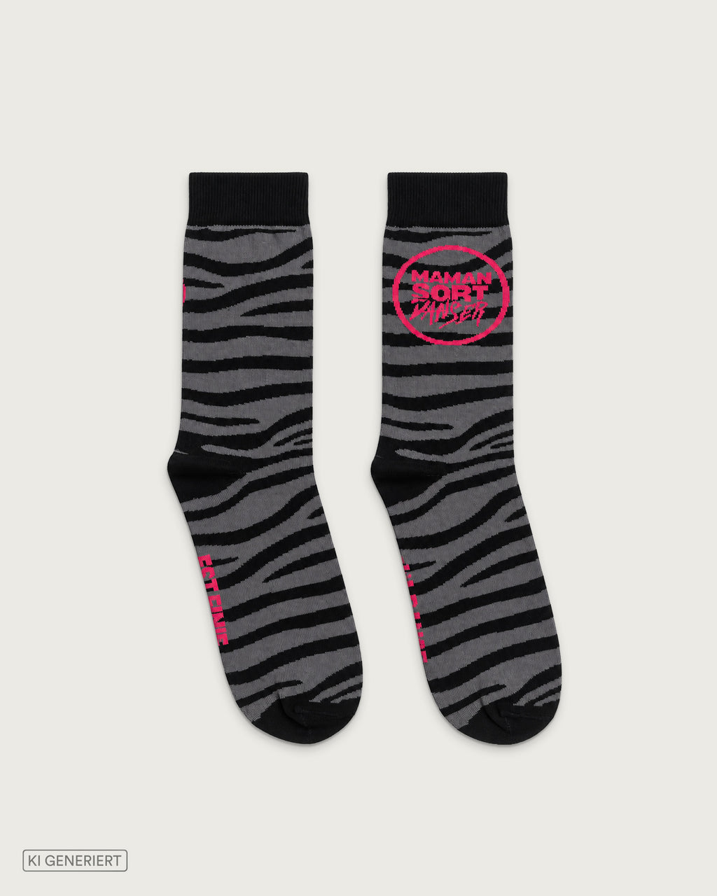 Schwarz-graue Socken mit Zebramuster, pinkem MAMAGEHTTANZEN Logo und den Schriftzügen „La Danse“ und „Est Finie“ auf den Sohlen