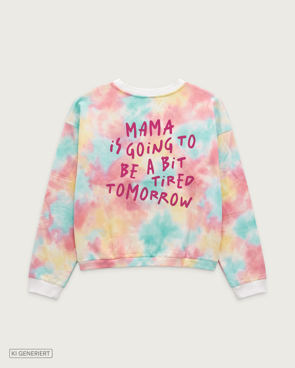 Rückansicht eines Damen-Sweatshirts mit Batikmuster in Rosa, Türkis und Gelb, weißen Ärmelbündchen und pinkem Schriftzug „Mama is going to be a bit tired tomorrow