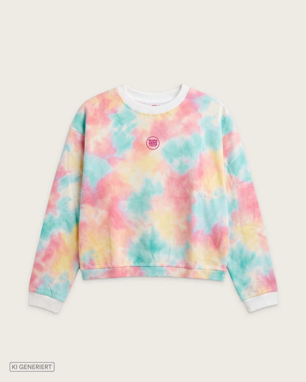 Damen-Sweatshirt mit Batikmuster in Rosa, Türkis und Gelb, weißen Ärmelbündchen und kleinem pinkem MAMAGEHTTANZEN Logo auf der Brust