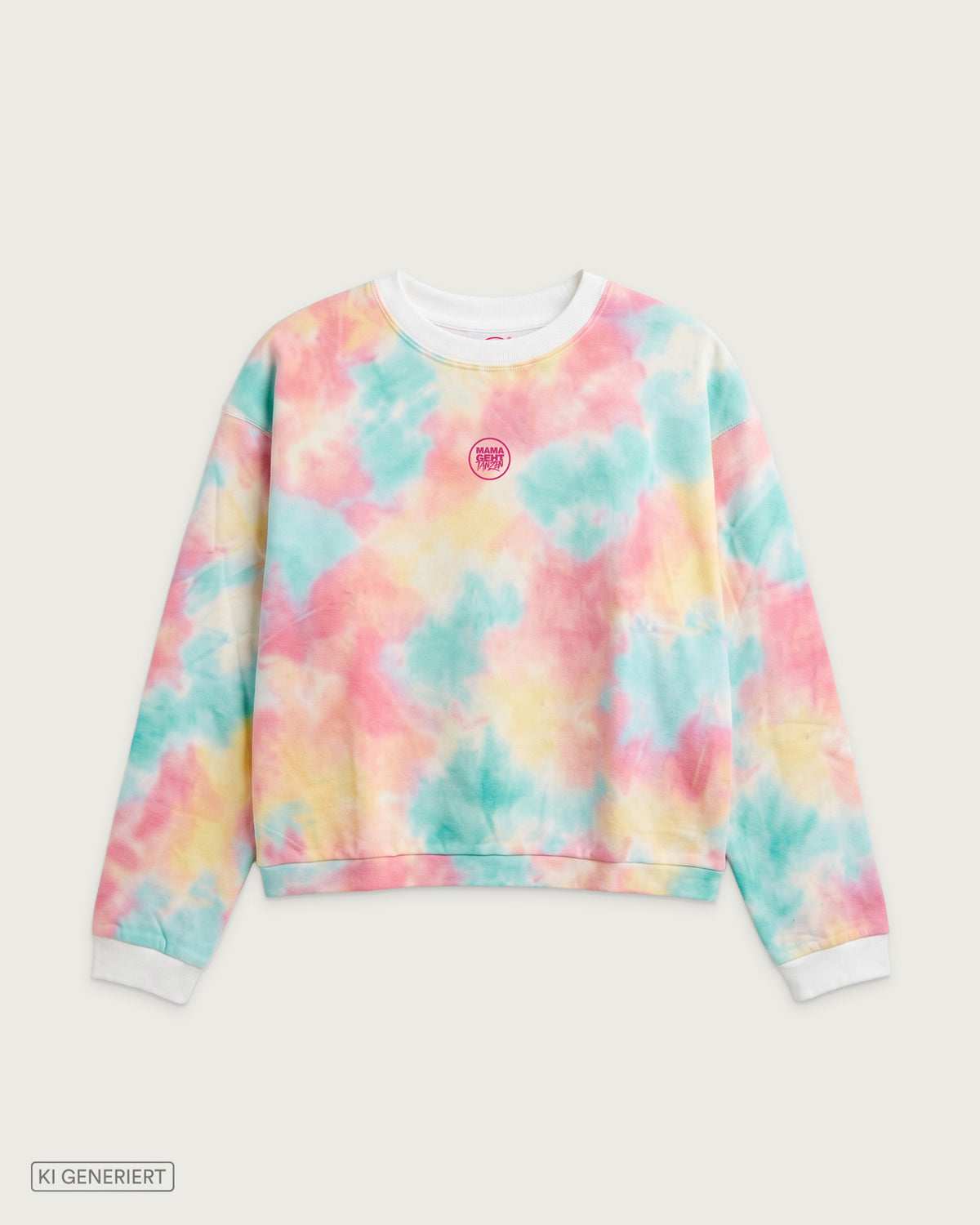 Damen-Sweatshirt mit Batikmuster in Rosa, Türkis und Gelb, weißen Ärmelbündchen und kleinem pinkem MAMAGEHTTANZEN Logo auf der Brust