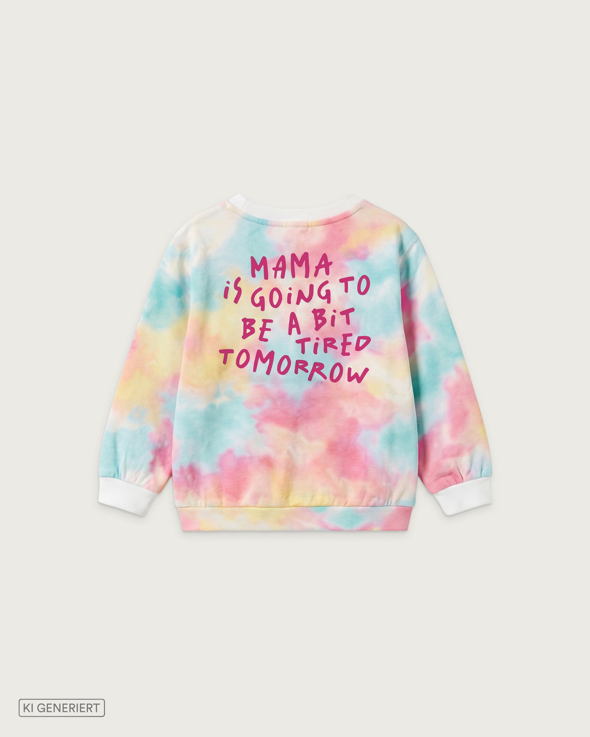 Rückansicht eines Kinder-Sweatshirts mit Batikmuster in Rosa, Türkis und Gelb, weißen Bündchen und pinkem Schriftzug „Mama is going to be a bit tired tomorrow