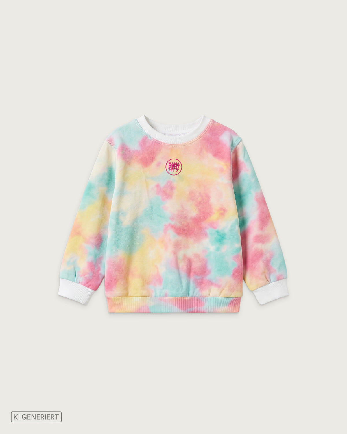 Kinder-Sweatshirt mit Batikmuster in Rosa, Türkis und Gelb, weißen Bündchen und kleinem pinkem MAMAGEHTTANZEN Logo auf der Brust