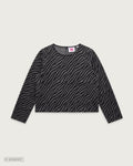 Schwarzes Langarmshirt mit durchgehendem dunkelgrauem Zebramuster, Rundhalsausschnitt und geradem Schnitt