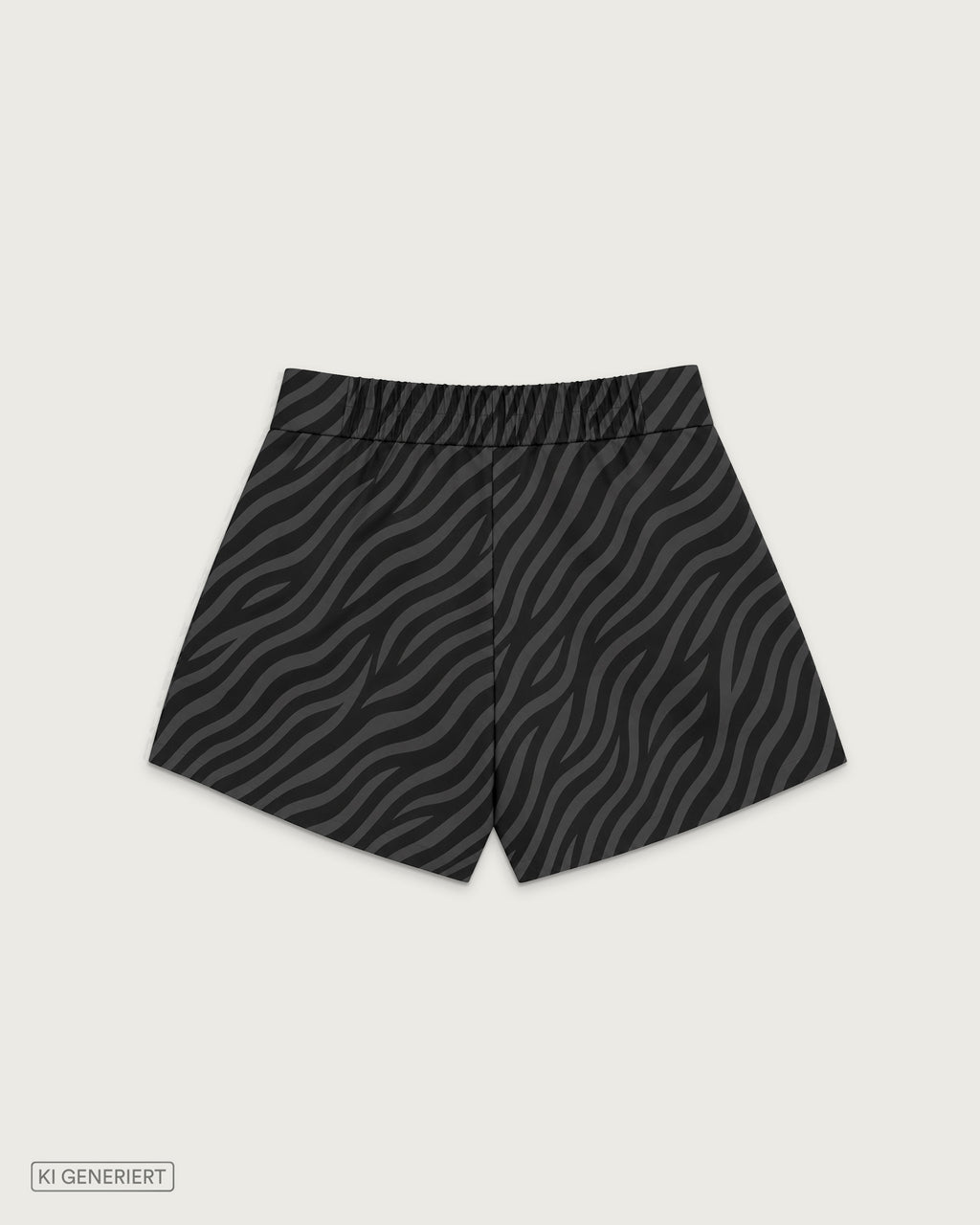 Rückansicht einer schwarzen Shorts mit dezentem dunkelgrauem Zebramuster und elastischem Bund
