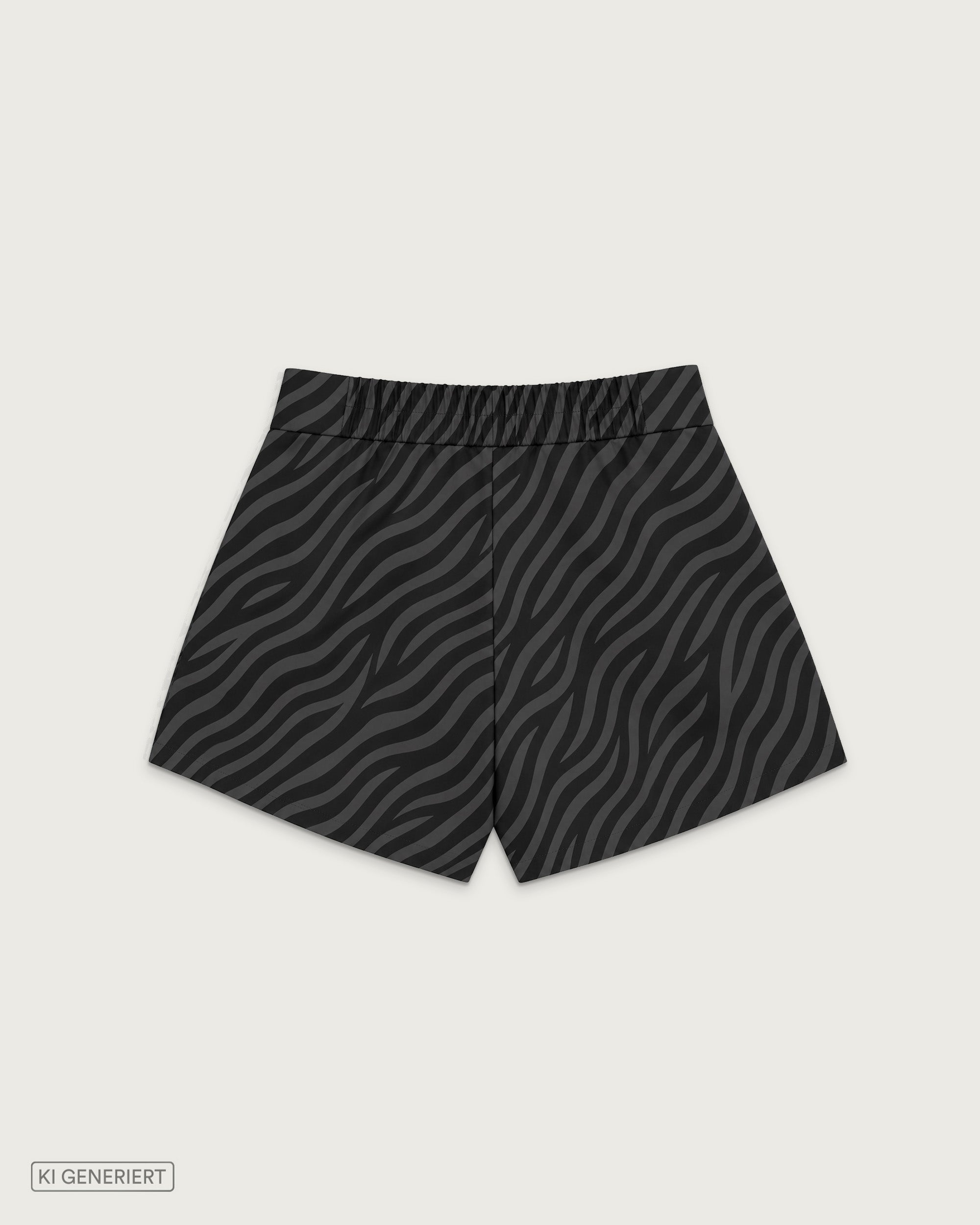 Rückansicht einer schwarzen Shorts mit dezentem dunkelgrauem Zebramuster und elastischem Bund
