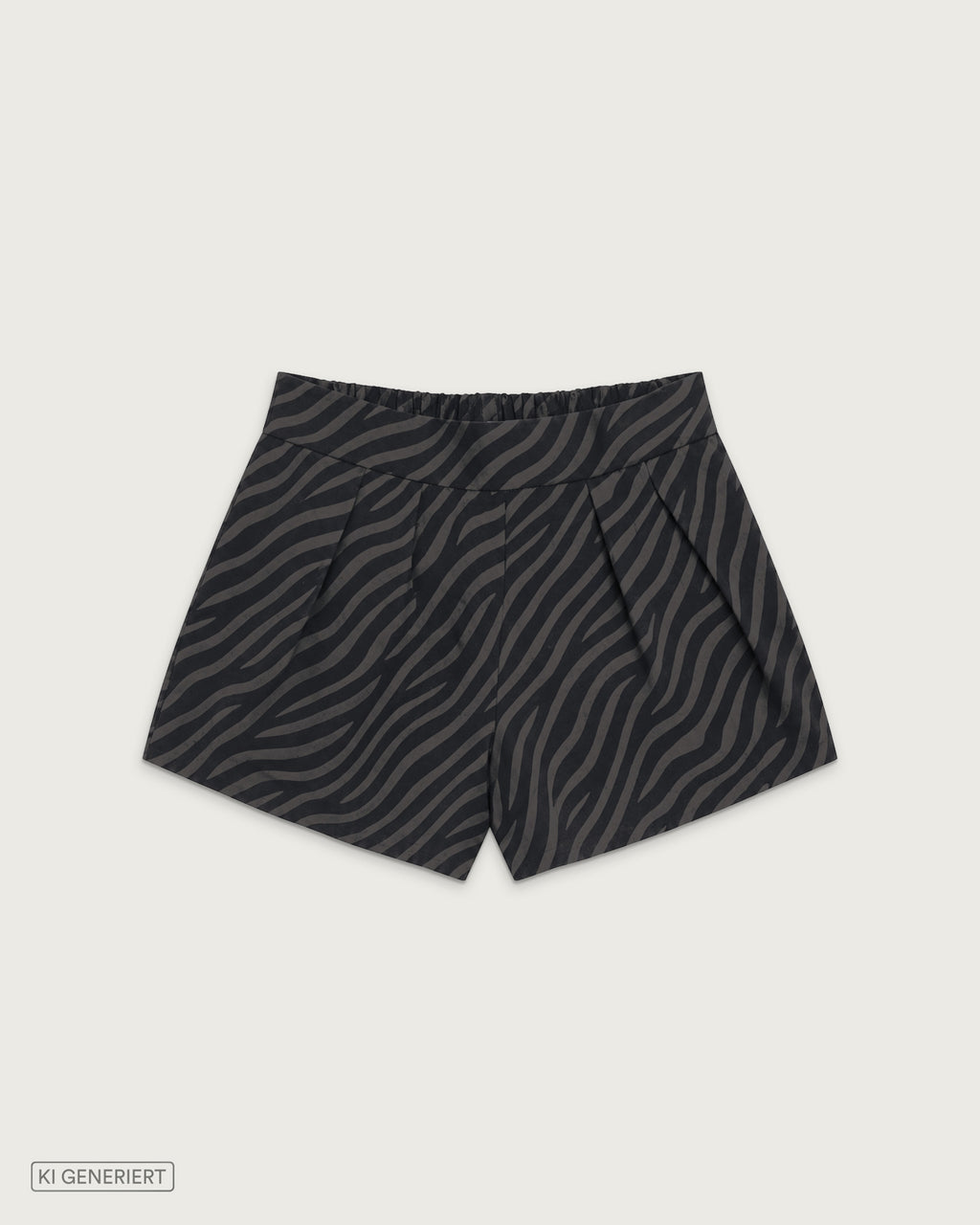 Schwarze Shorts mit dezentem dunkelgrauem Zebramuster, Bundfalten, elastischem Bund und seitlichen Eingrifftaschen