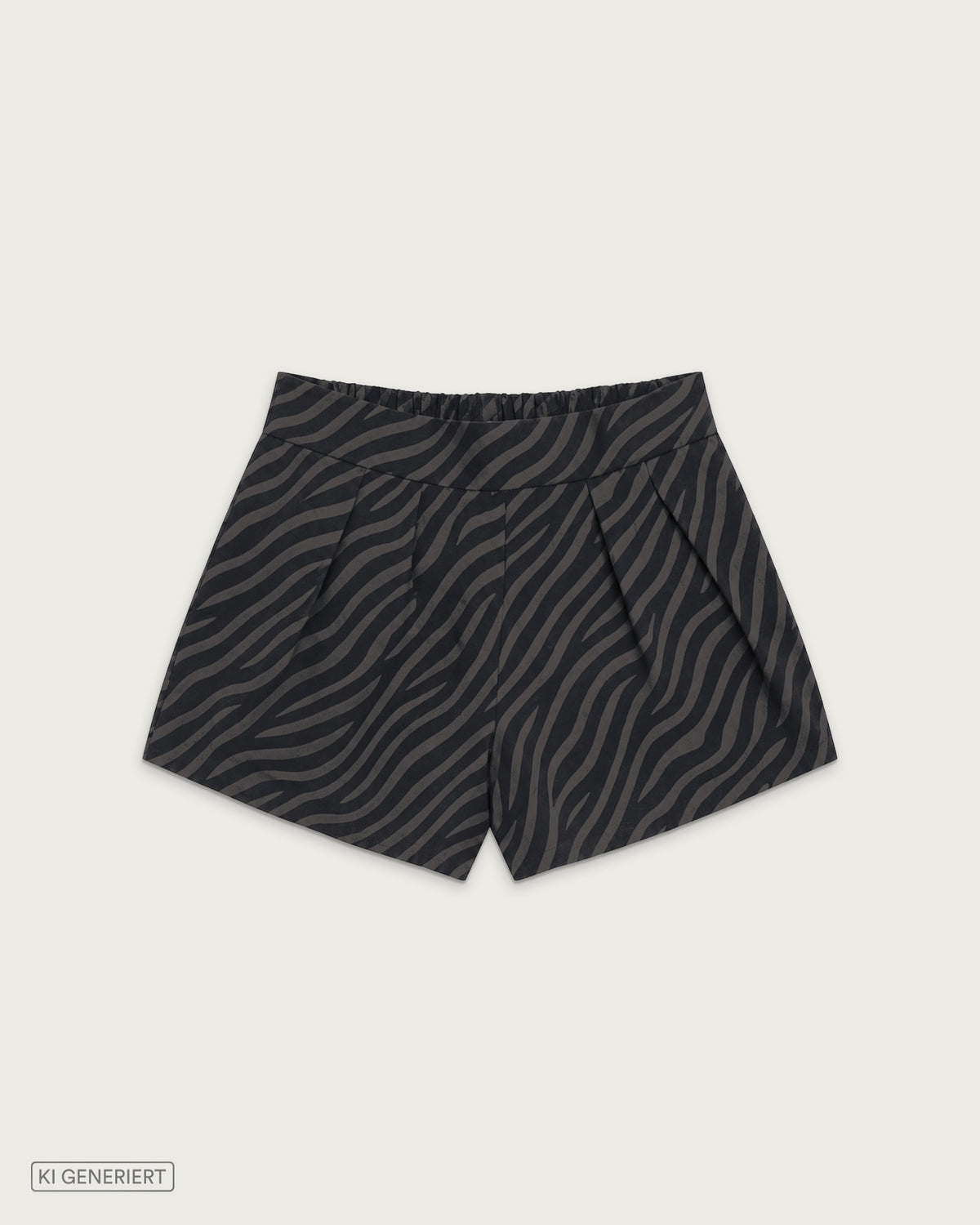 Schwarze Shorts mit dezentem dunkelgrauem Zebramuster, Bundfalten, elastischem Bund und seitlichen Eingrifftaschen