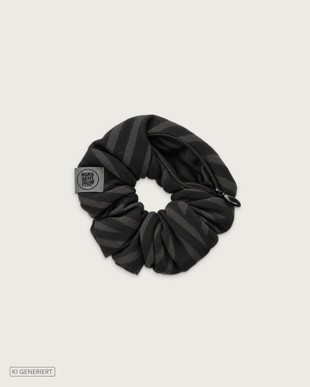 Schwarz-graues Scrunchie mit Zebramuster, integriertem Reißverschlussfach und MAMAGEHTTANZEN Logo-Label