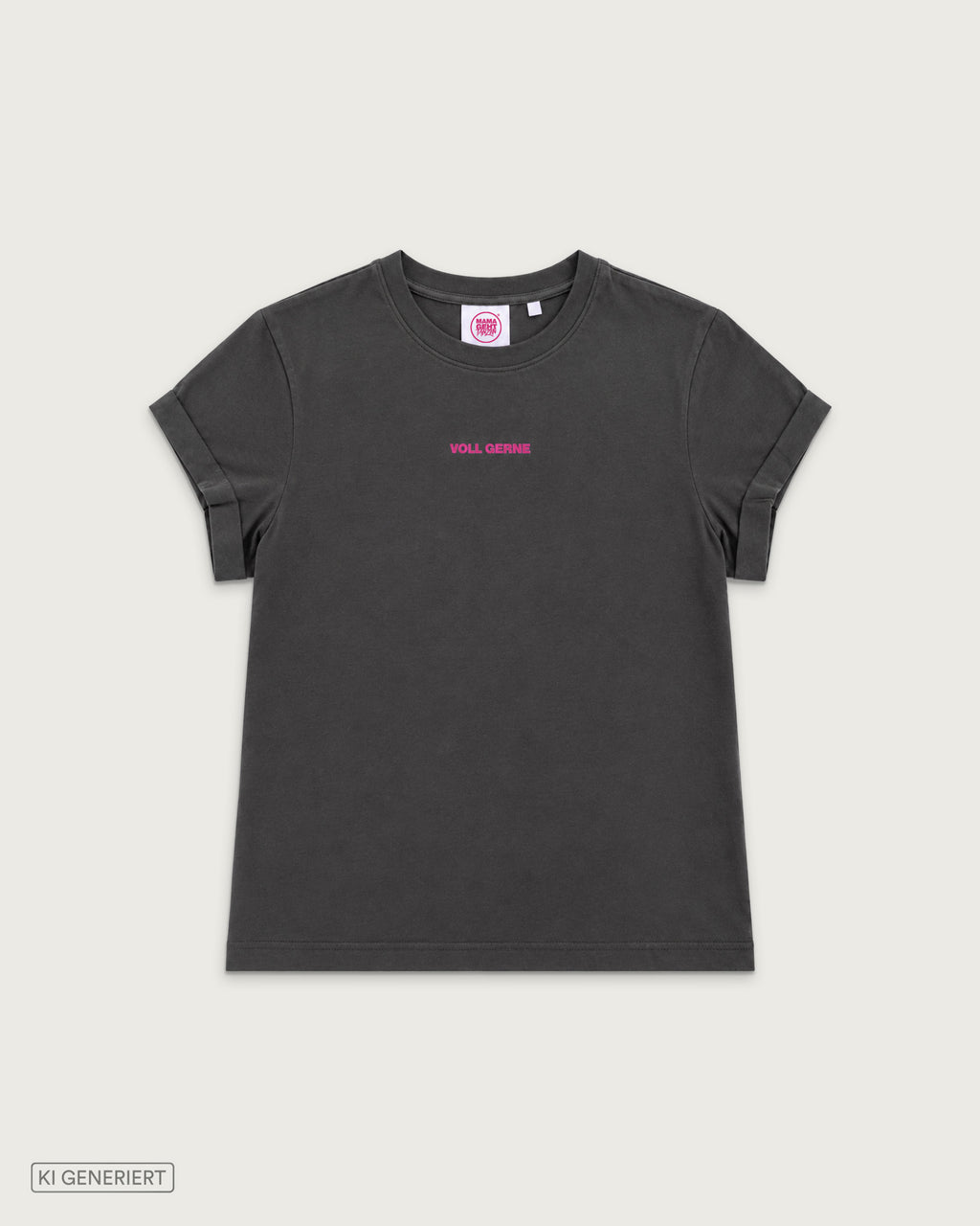 Dunkelgraues T-Shirt mit Rundhalsausschnitt, umgeschlagenen Ärmeln und kleinem pinkem Schriftzug „Voll gerne“ auf der Brust