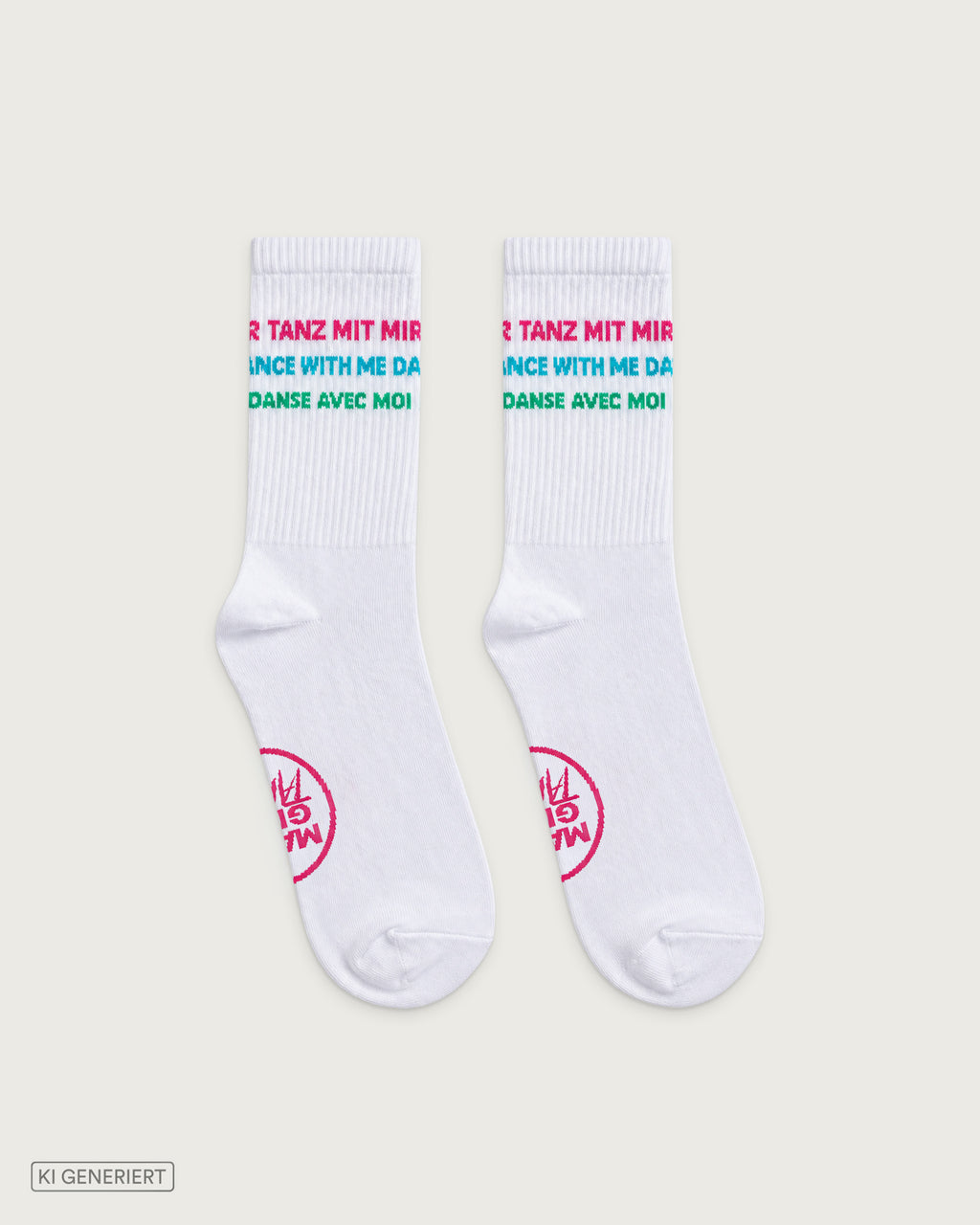 Weiße Socken mit dreifarbigem Schriftzug „Tanz mit mir, Dance with me, Danse avec moi“ am Schaft und pinkem MAMAGEHTTANZEN Logo im Fußbereich