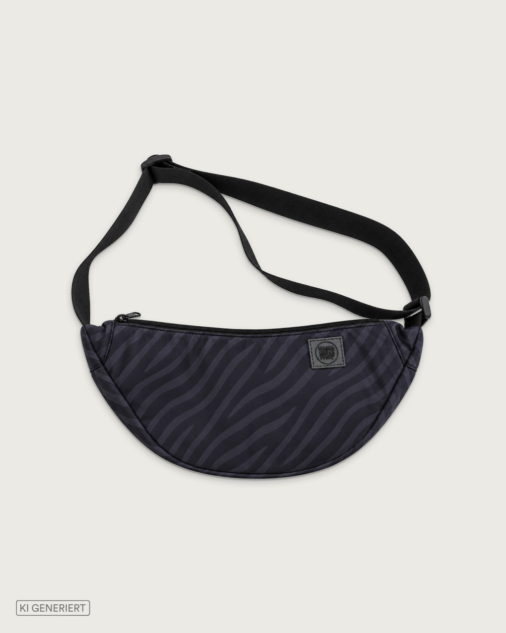 Schwarze Bauchtasche mit dezentem Zebramuster, verstellbarem Schultergurt und MAMAGEHTTANZEN Logo-Patch auf der Vorderseite