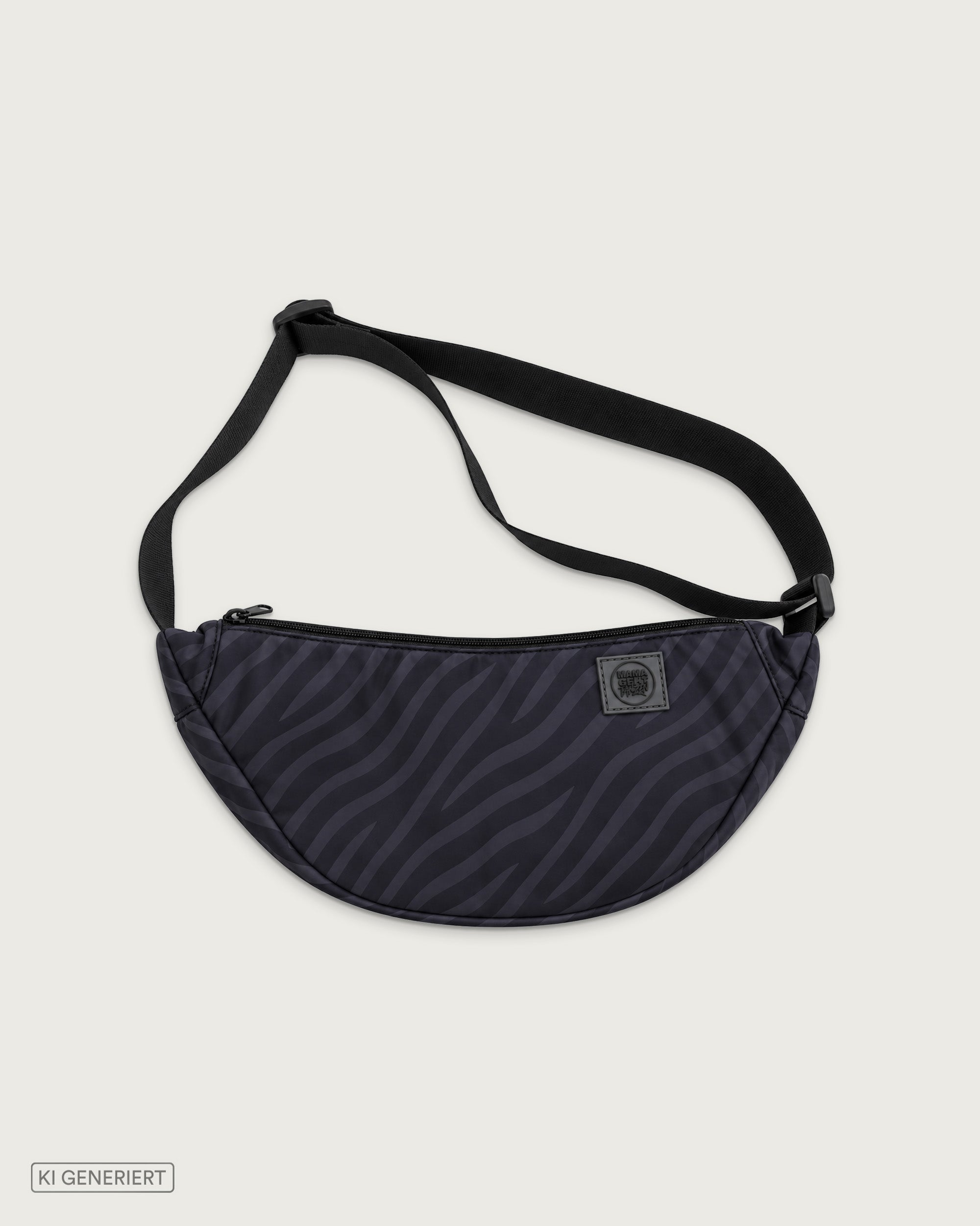 Schwarze Bauchtasche mit dezentem Zebramuster, verstellbarem Schultergurt und MAMAGEHTTANZEN Logo-Patch auf der Vorderseite